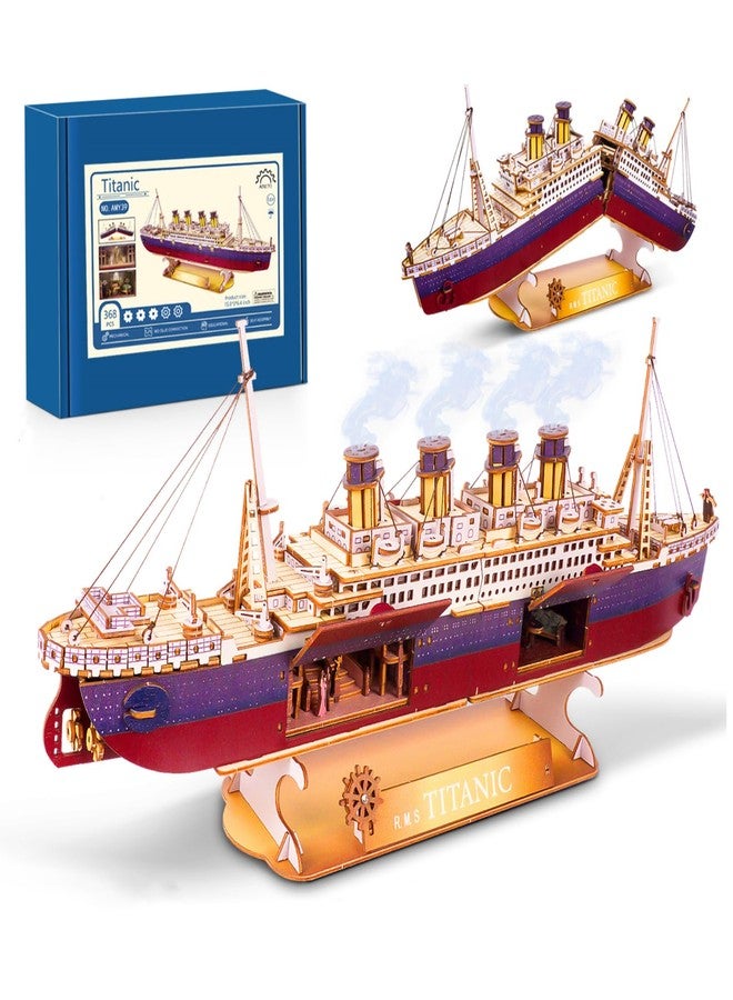Vziimo Titanic 3D Puzzles for Adults, LED Titanic Metal Ship Model Building Kits for Home Desk Decor, 368 Pcs Wooden DIY Arts and Crafts Collection Gifts for Couples Women Teens 14 + - Image 1